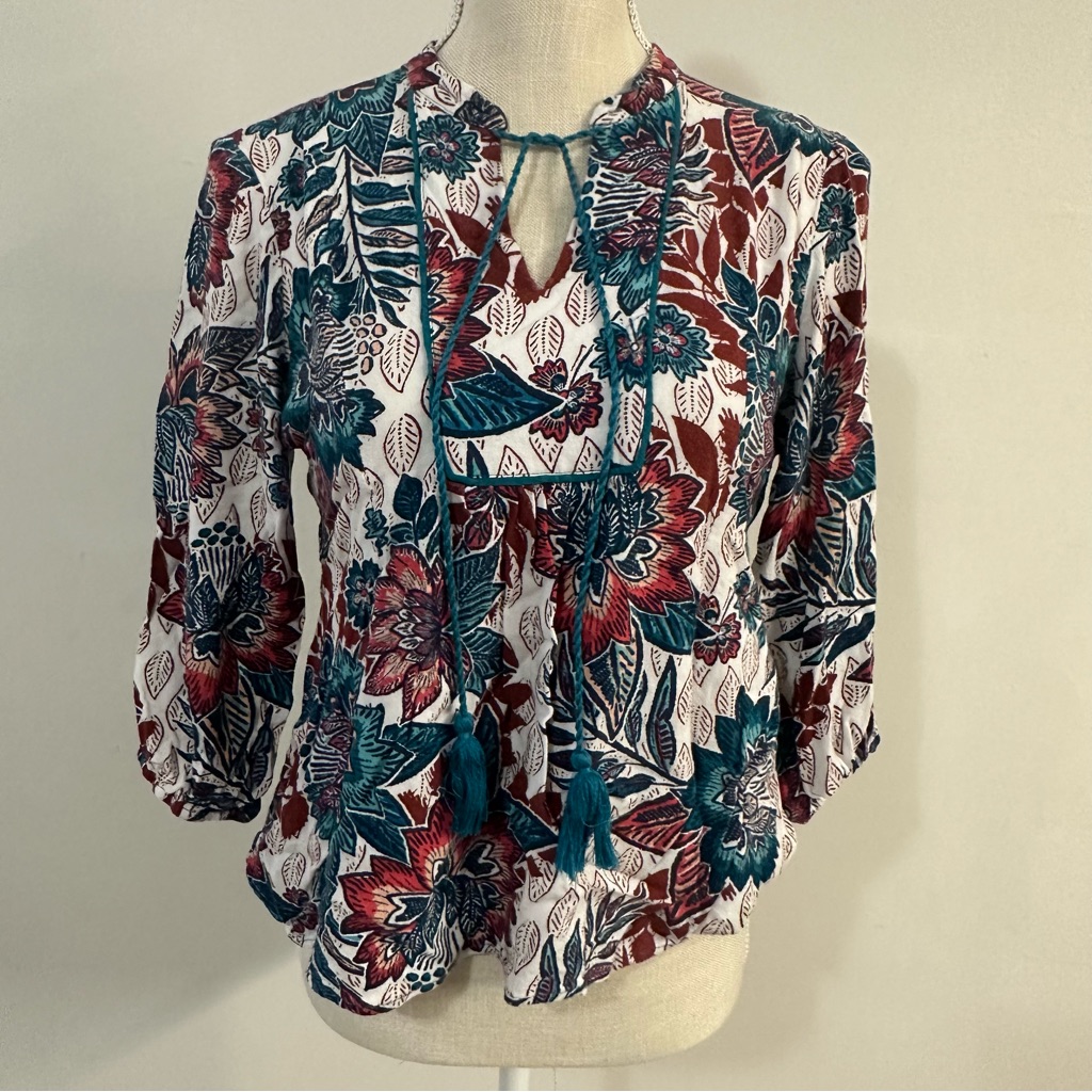 Ruby Rd. Blouse Top Blue Floral V Neck Pullover Tassel Tie Shirt